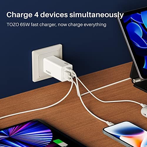 TOZO C2 USB C 65W מהיר קיר מתקפל מטען משטרת כוח מתאם 4 יציאות תואם עבור ה-MacBook Pro/Air, iPad Pro, ה-USB-C, מחשבים ניידים,